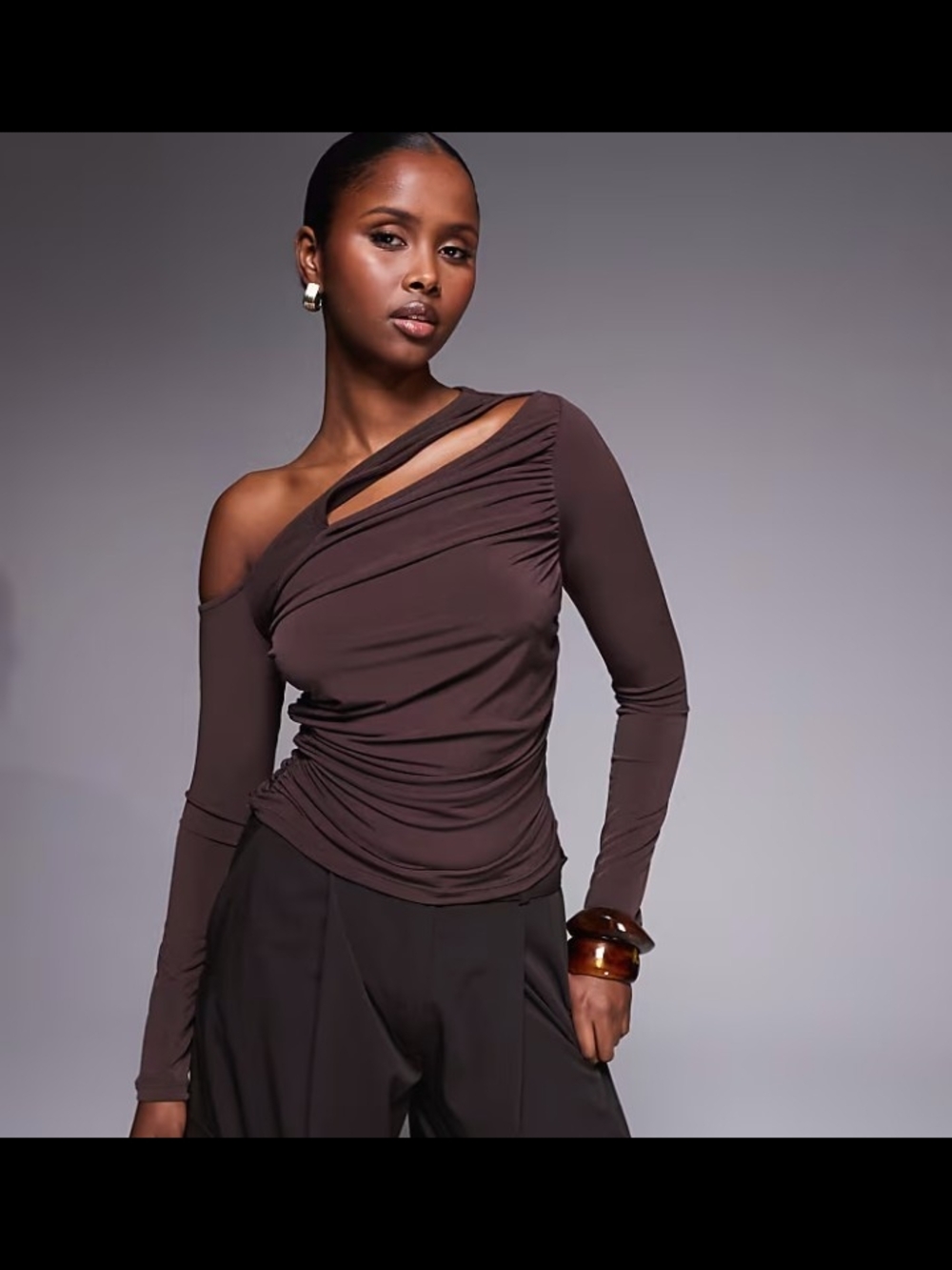 ASOS Chocolate Brown One-Shoulder Cutout Long Sleeve Top